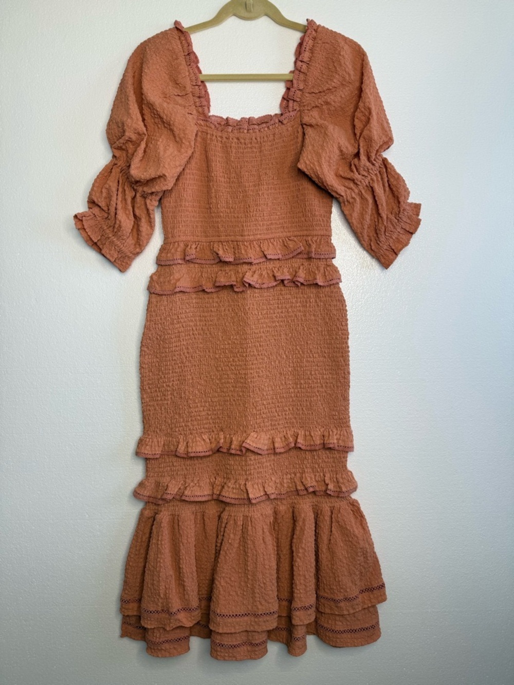 Rachel Parcell Bubble Crepe Smocked Ruffle Midi Dress XS Dusty Peach - Picture 4 of 16